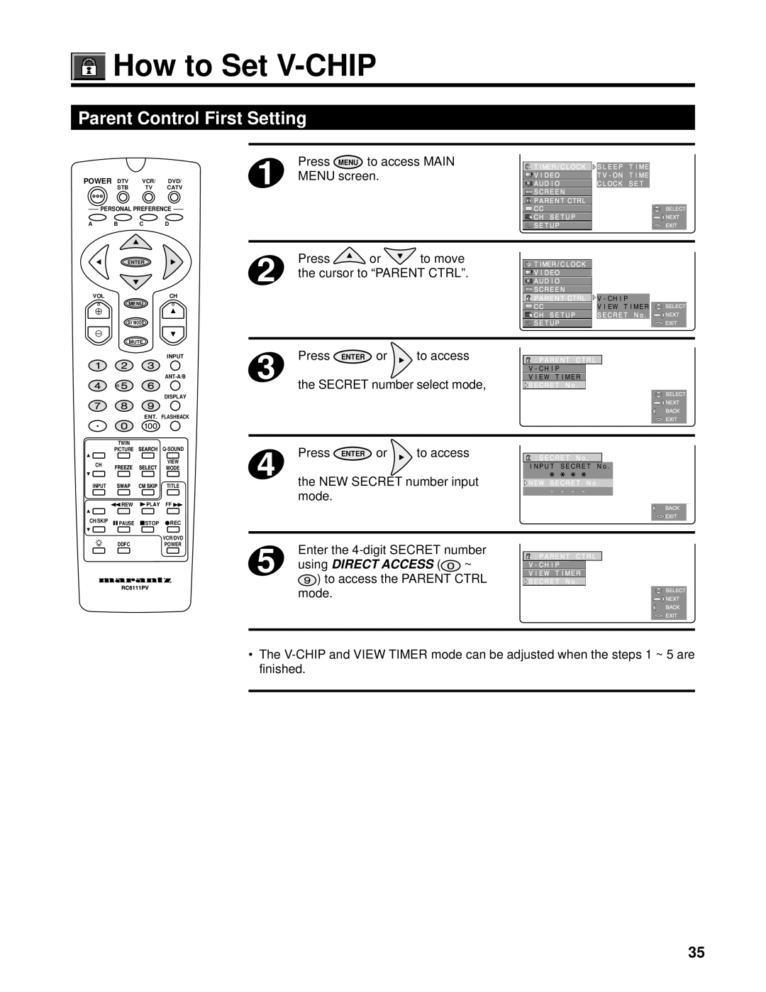 Marantz PV6111W manual How to Set V-CHIP, Parent Control First Setting, Cursor to Parent Ctrl 