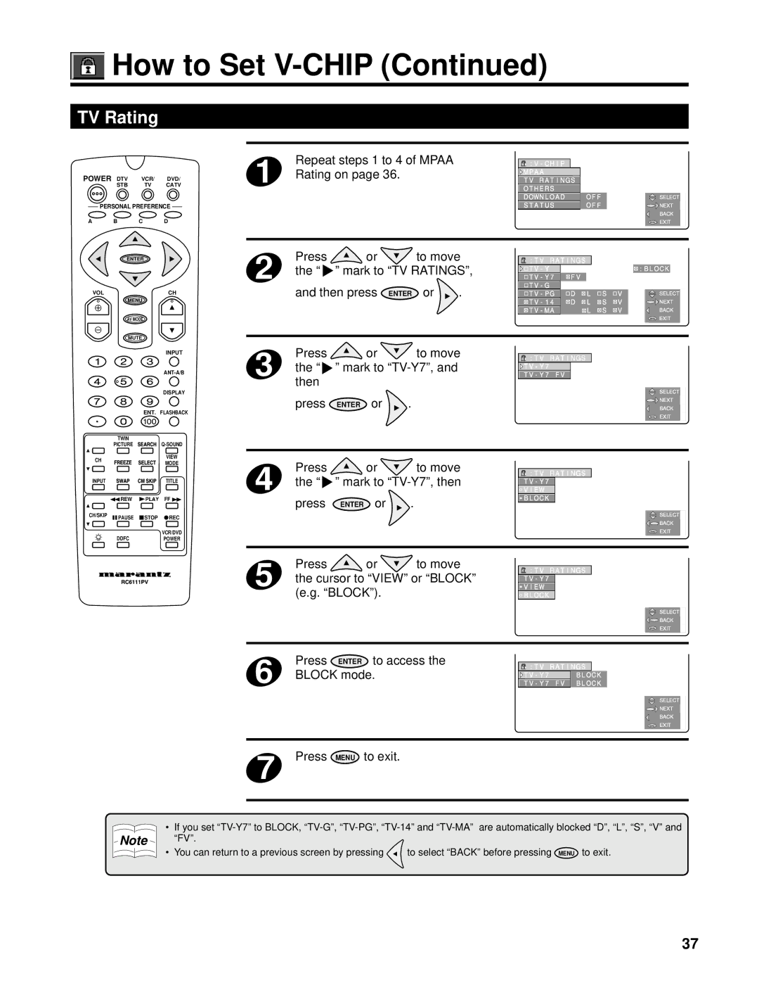 Marantz PV6111W manual TV Rating, Repeat steps 1 to 4 of Mpaa, Rating on 