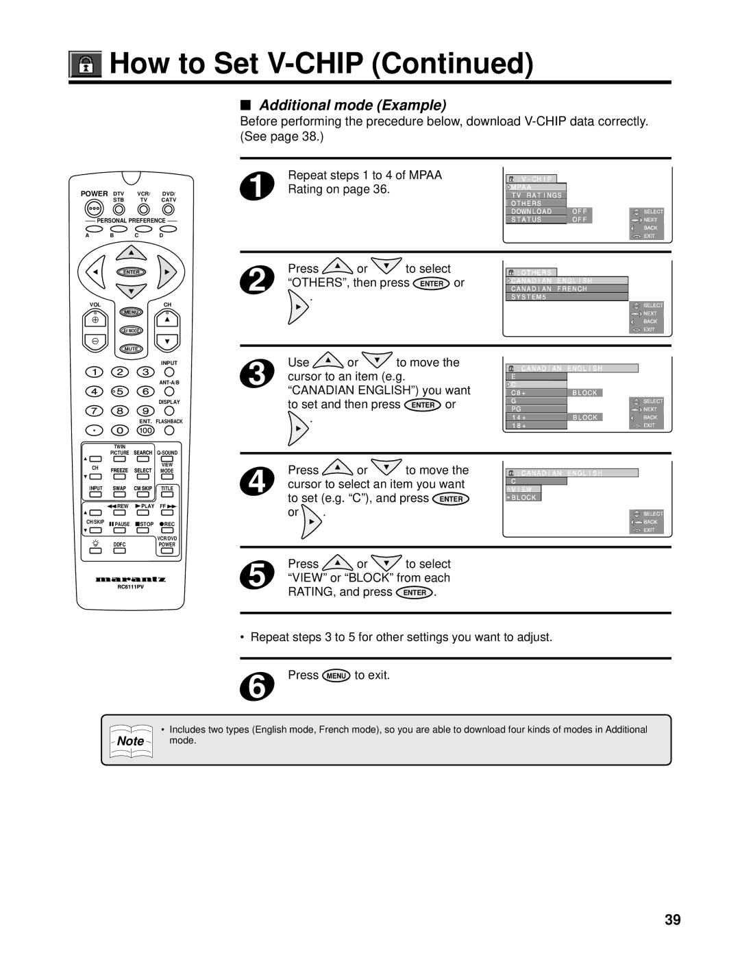 Marantz PV6111W OTHERS, then press, Use To move, Cursor to an item e.g Canadian English you want, To set and then press 