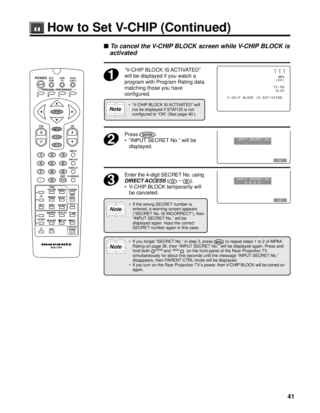 Marantz PV6111W manual Press Enter Input Secret No. will be, Displayed, Chip Block temporarily will be canceled 
