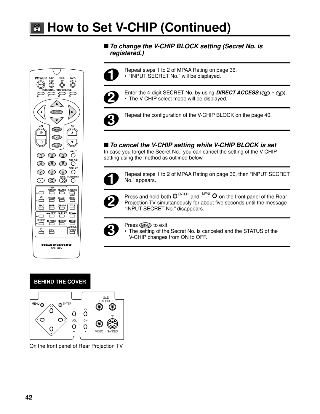 Marantz PV6111W manual Repeat steps 1 to 2 of Mpaa Rating on, Input Secret No. will be displayed 