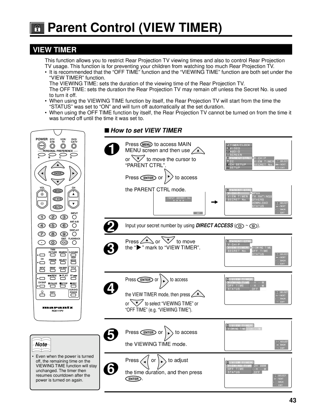 Marantz PV6111W manual Parent Control View Timer 