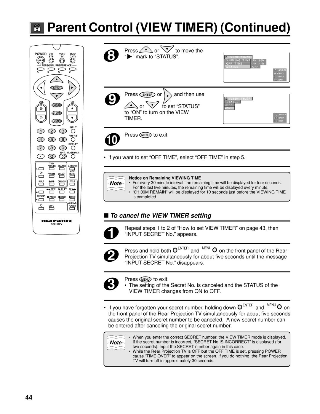 Marantz PV6111W manual Press To move Mark to Status, To set Status, To on to turn on the View, Input Secret No. appears 