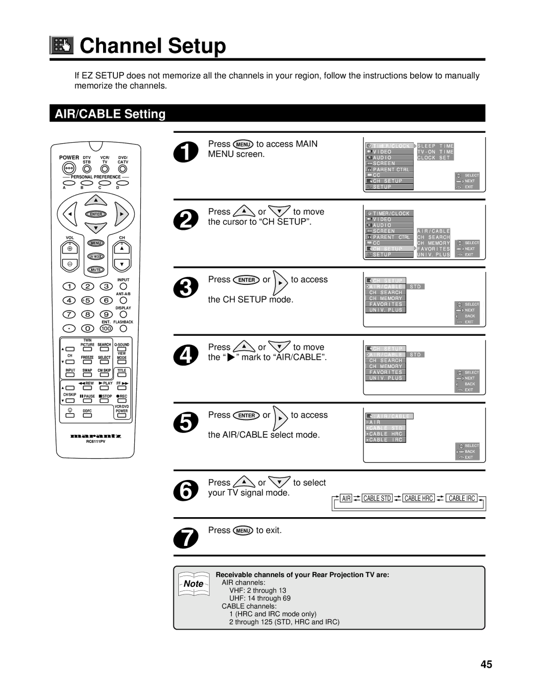 Marantz PV6111W manual Channel Setup, AIR/CABLE Setting, Cursor to CH Setup, CH Setup mode 