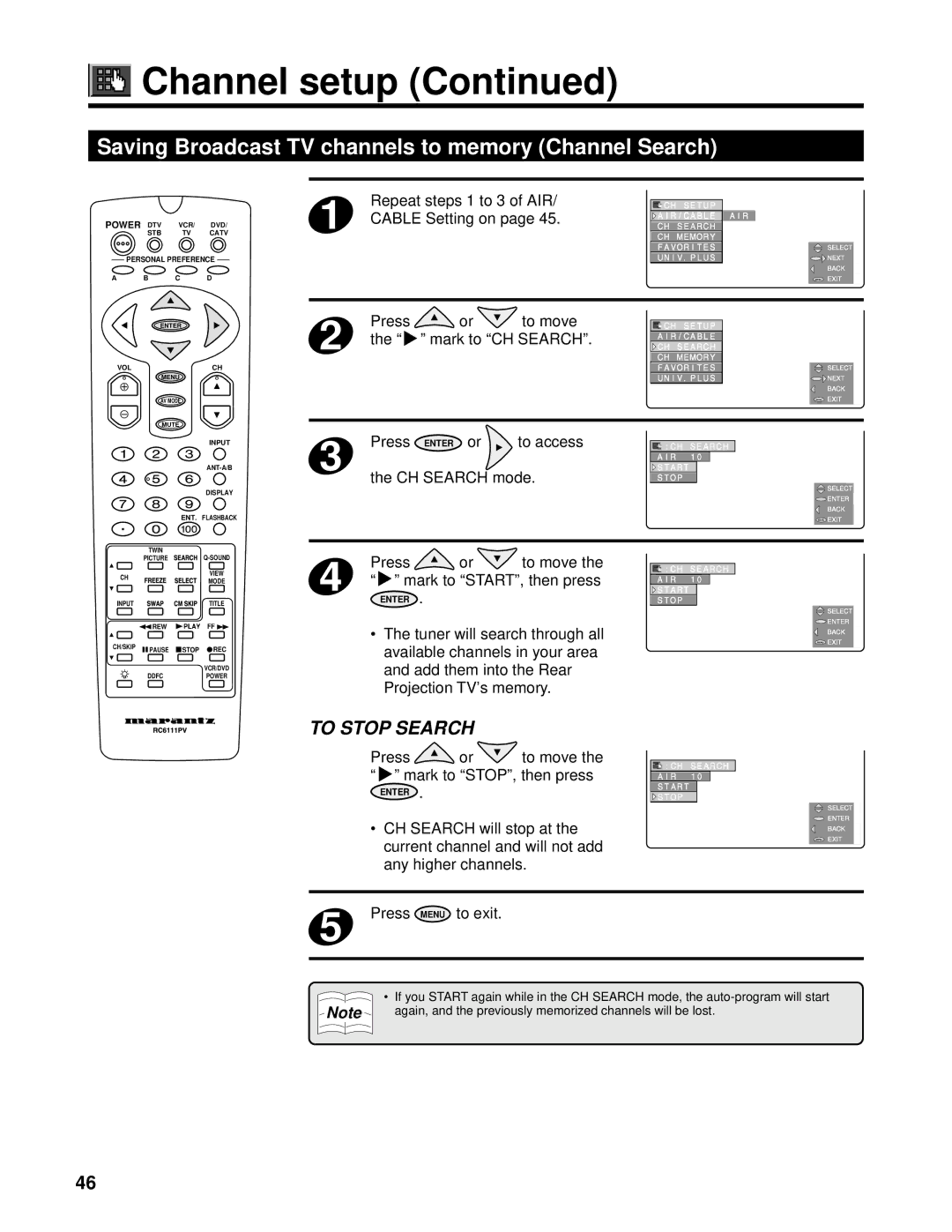 Marantz PV6111W manual Saving Broadcast TV channels to memory Channel Search, Repeat steps 1 to 3 of AIR, Cable Setting on 