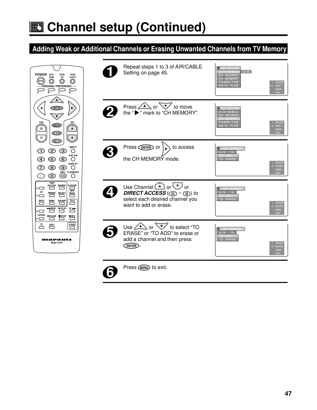 Marantz PV6111W manual Repeat steps 1 to 3 of AIR/CABLE, Setting on, Mark to CH Memory, CH Memory mode 