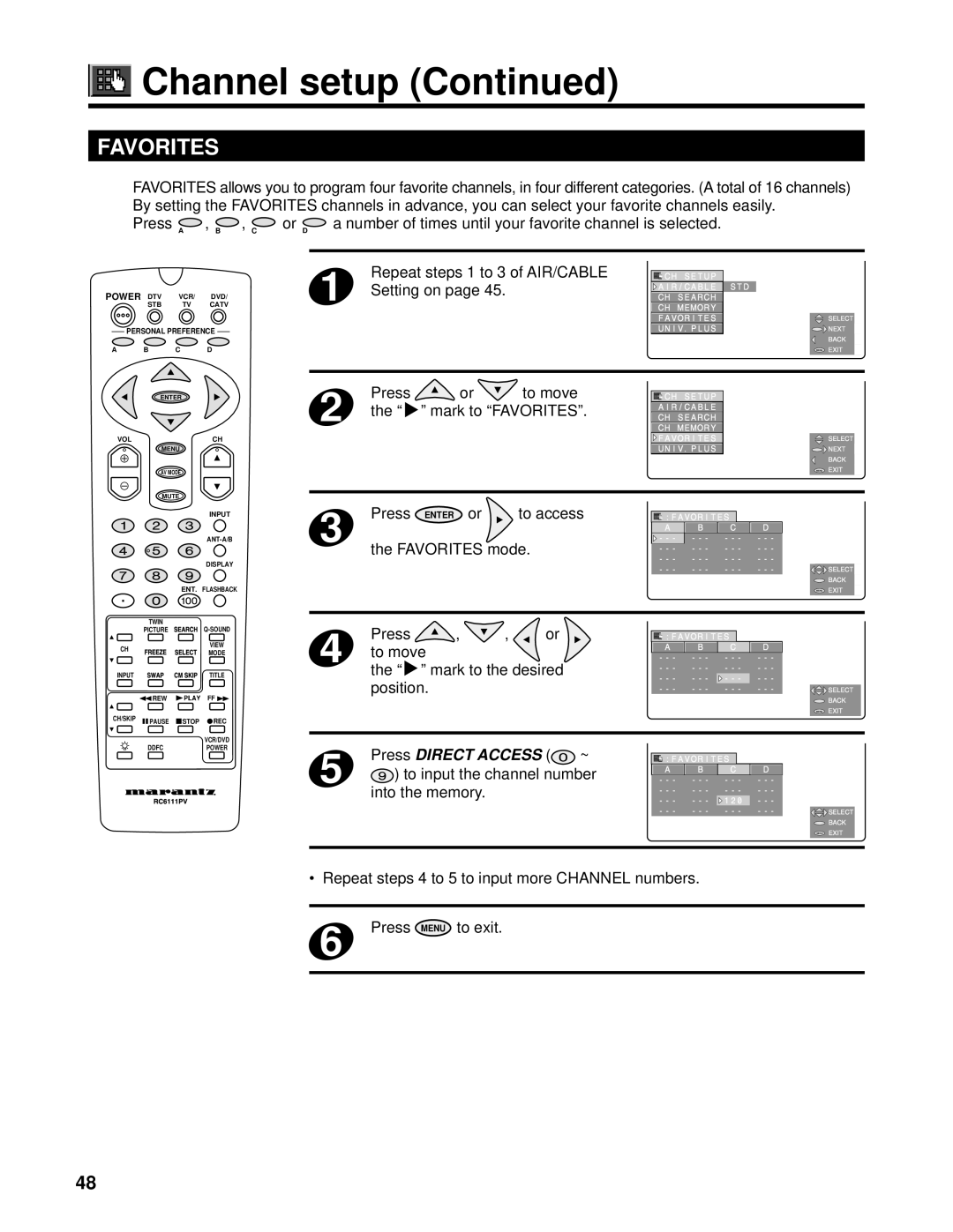 Marantz PV6111W Favorites mode, To move Mark to the desired Position, To input the channel number Into the memory 