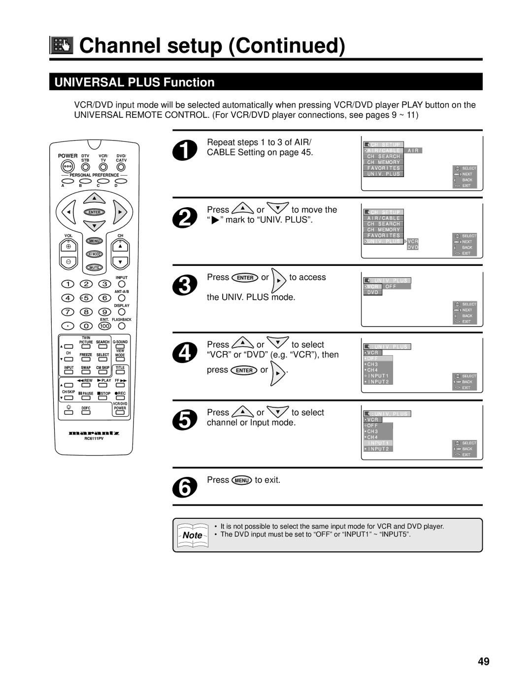 Marantz PV6111W Universal Plus Function, Repeat steps 1 to 3 of AIR, Cable Setting on, Mark to UNIV. Plus, UNIV. Plus mode 