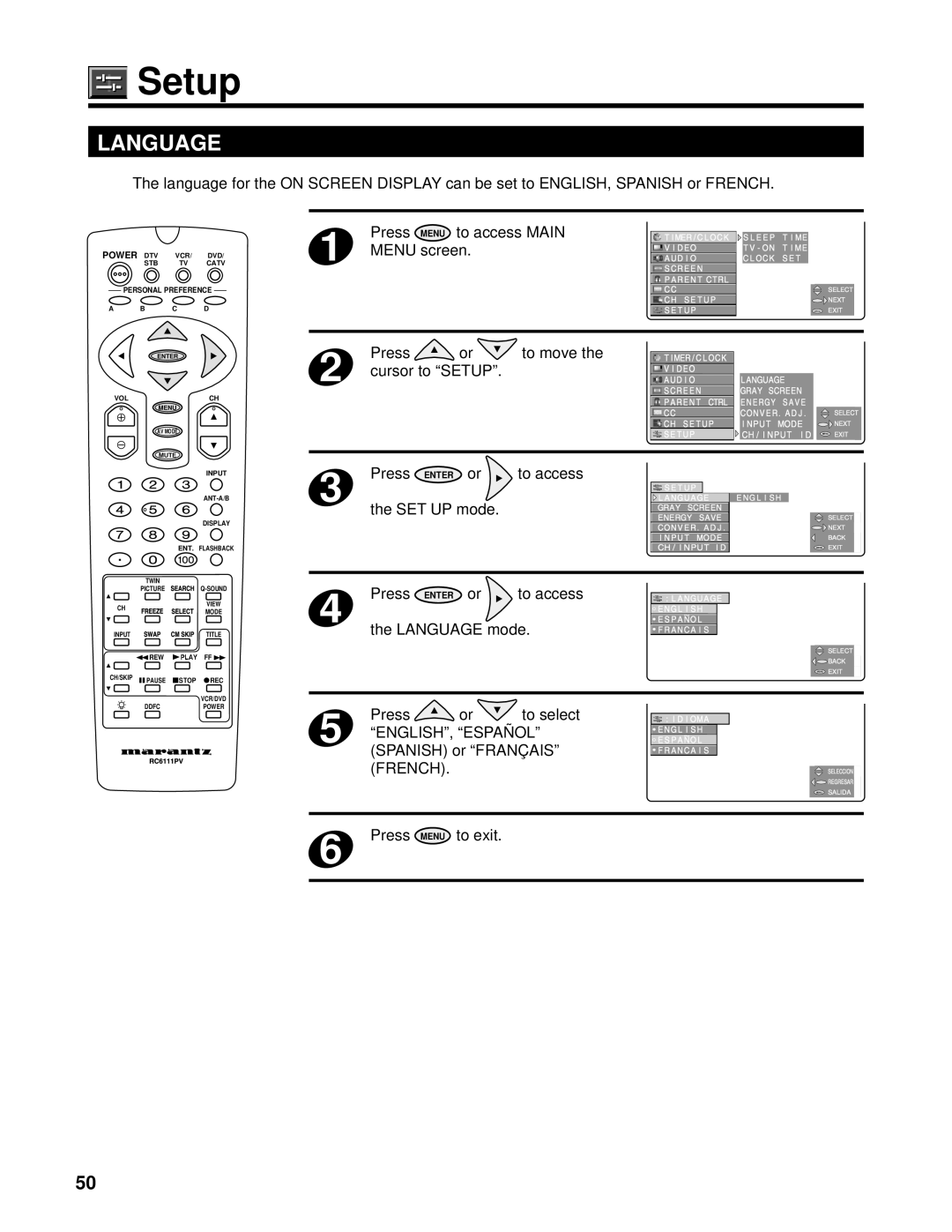 Marantz PV6111W manual Cursor to Setup, SET UP mode, Language mode 