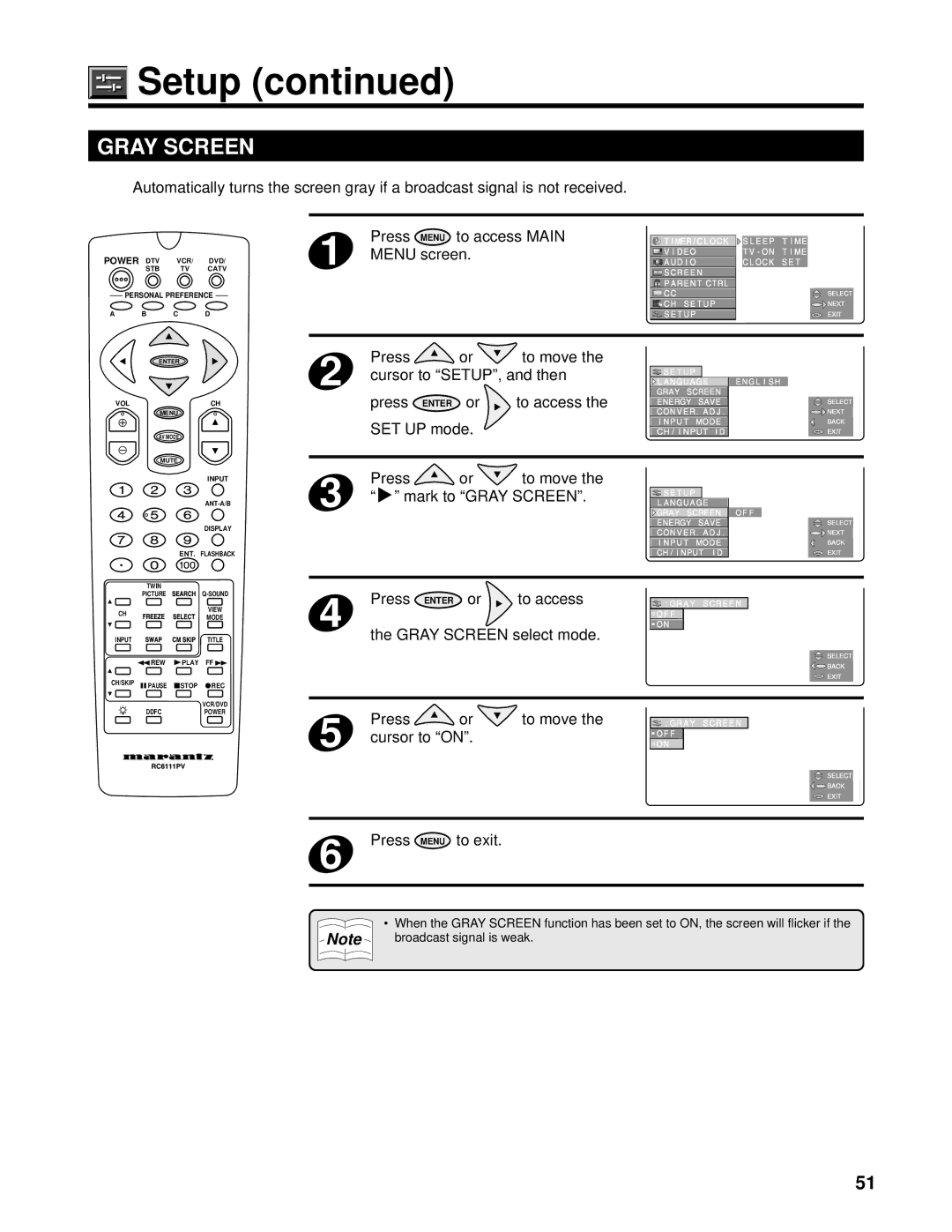 Marantz PV6111W manual Gray Screen, Cursor to on 