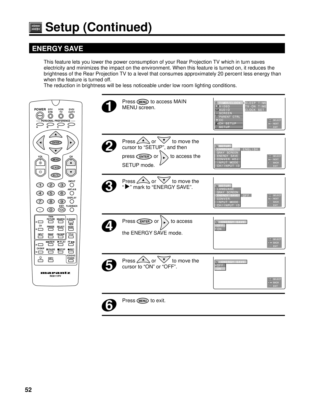 Marantz PV6111W manual Energy Save 