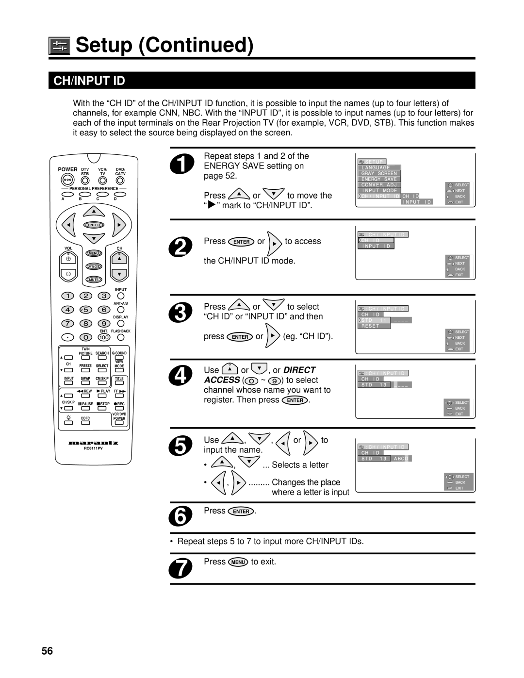 Marantz PV6111W manual Ch/Input Id 