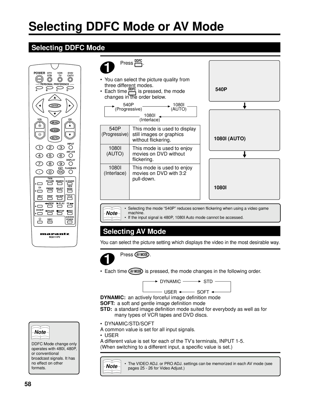 Marantz PV6111W manual Selecting Ddfc Mode or AV Mode, Selecting AV Mode, 540P, 1080I Auto 