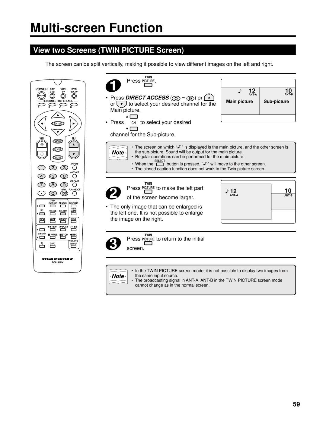 Marantz PV6111W manual Multi-screen Function, View two Screens Twin Picture Screen, To return to the initial 