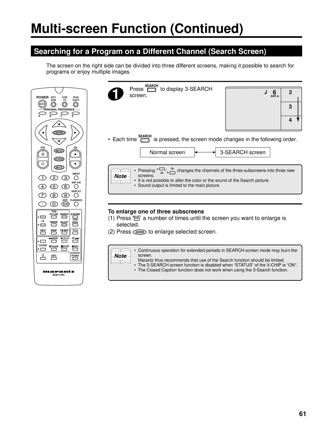 Marantz PV6111W Searching for a Program on a Different Channel Search Screen, Press Search to display 3-SEARCH Screen 