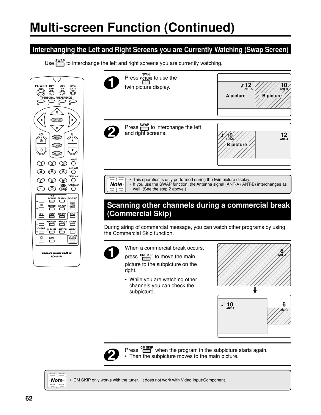 Marantz PV6111W manual Twin picture display, Press Swap to interchange the left, Right screens 