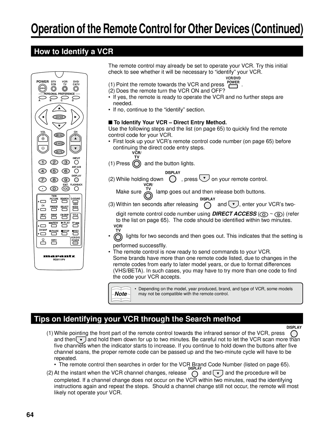 Marantz PV6111W manual How to Identify a VCR, Tips on Identifying your VCR through the Search method 