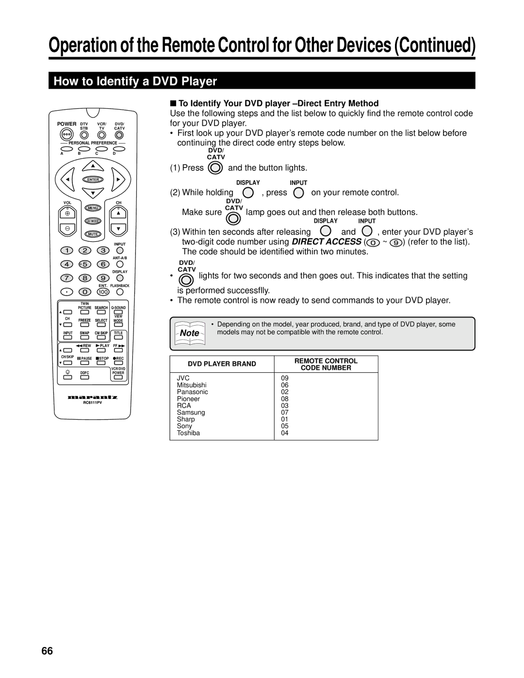 Marantz PV6111W manual How to Identify a DVD Player, To Identify Your DVD player -Direct Entry Method 