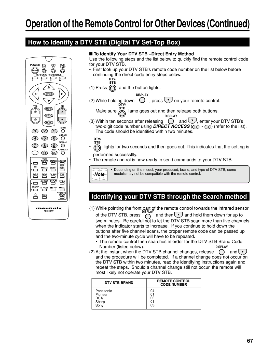 Marantz PV6111W manual How to Identify a DTV STB Digital TV Set-Top Box, Identifying your DTV STB through the Search method 