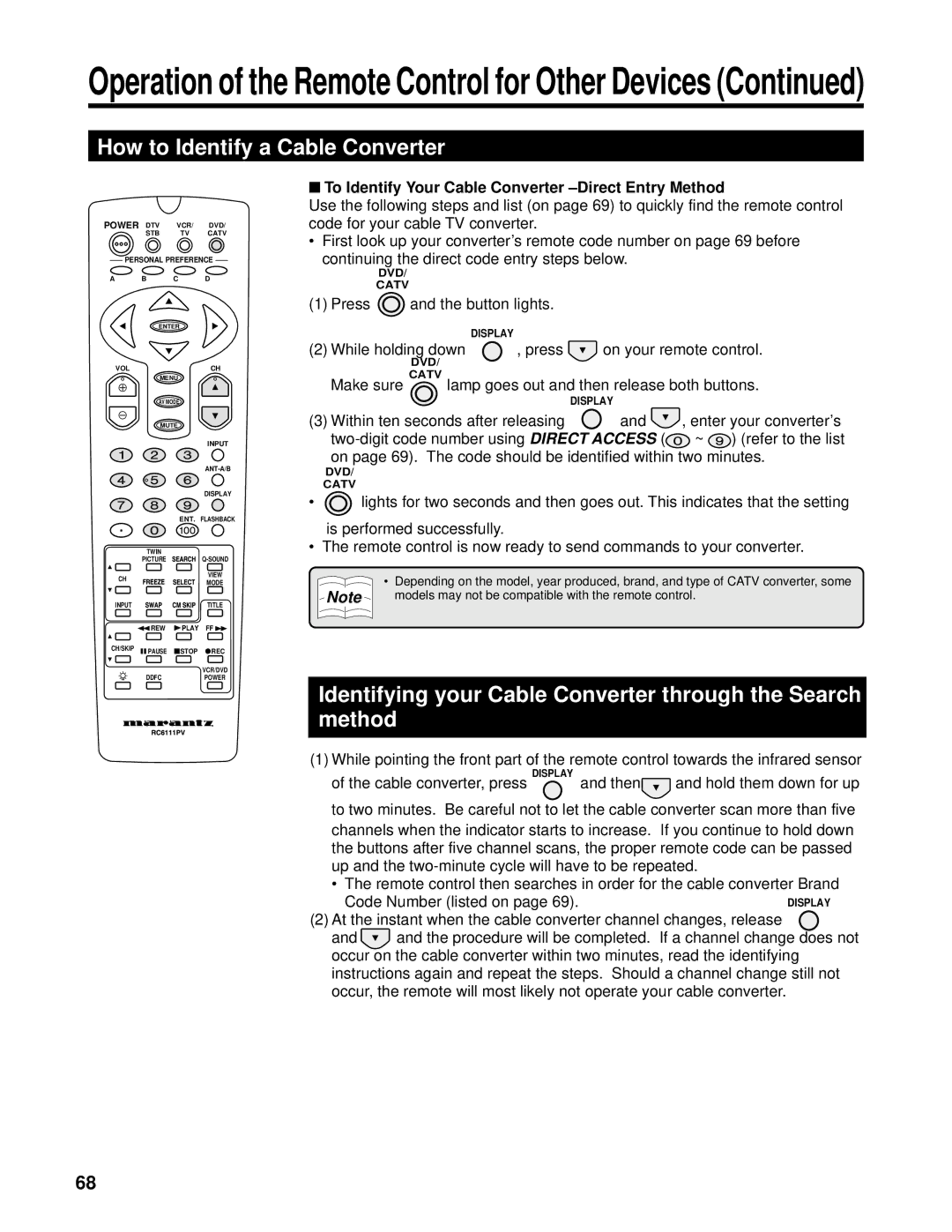 Marantz PV6111W manual How to Identify a Cable Converter, Identifying your Cable Converter through the Search method 