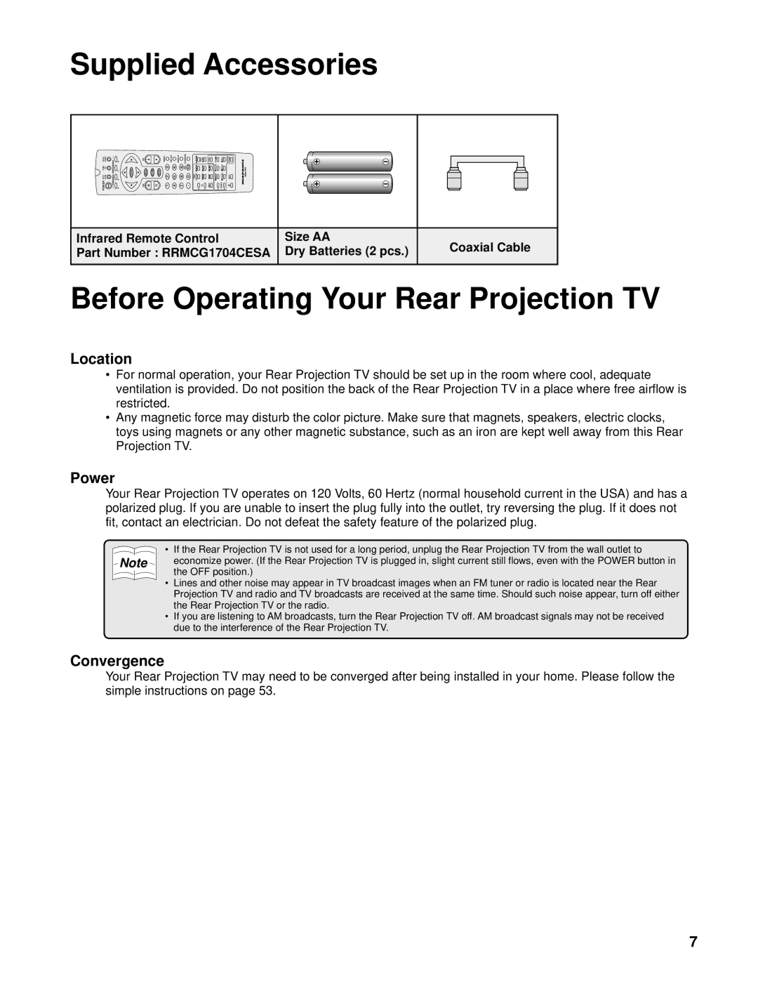 Marantz PV6111W manual Supplied Accessories, Before Operating Your Rear Projection TV 