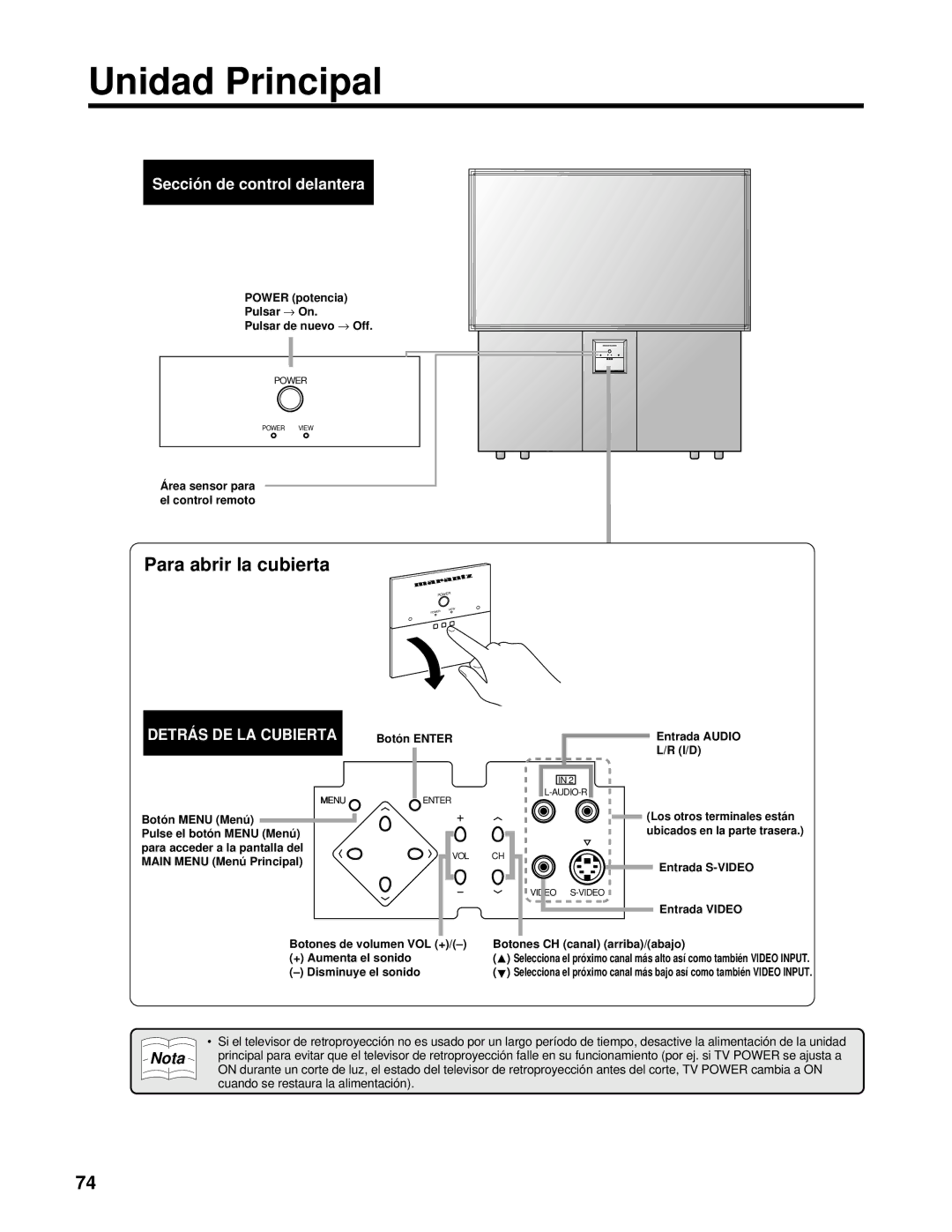 Marantz PV6111W manual Unidad Principal, Sección de control delantera 