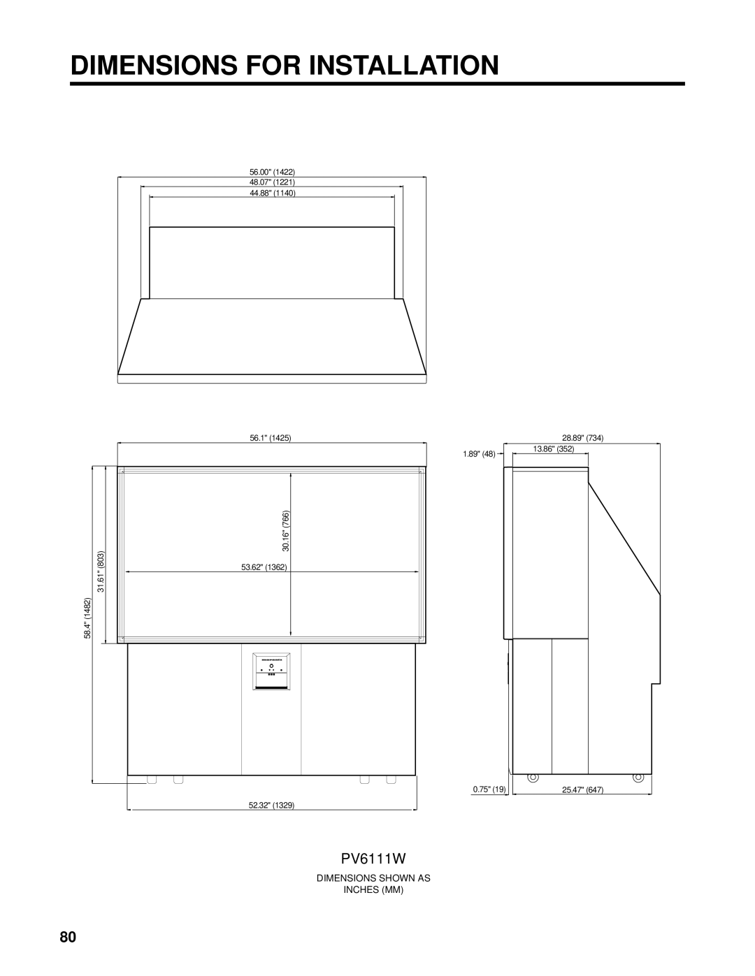 Marantz PV6111W manual Dimensions for Installation 