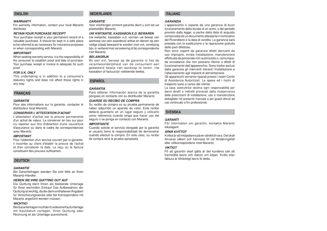 Marantz R3001 manual English, Français, Deutsch, Nederlands, Español, Italiano, Svenska 