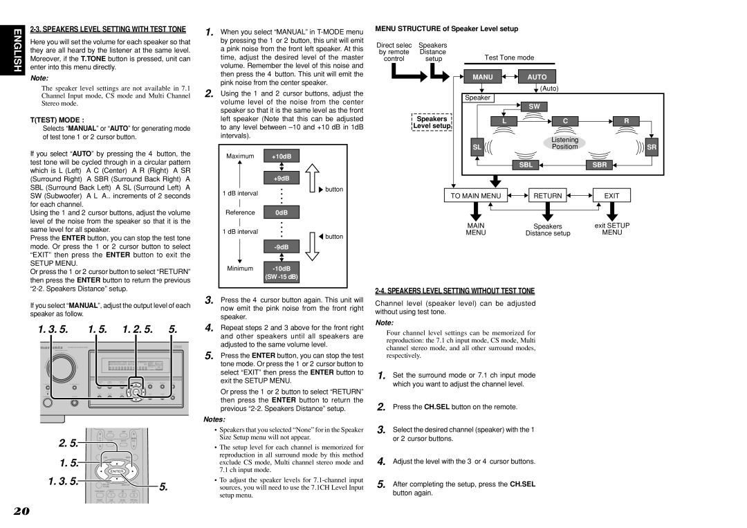 Marantz R3001 manual Speakers Level Setting Without Test Tone, Speakers Level Setting with Test Tone, Ttest Mode 