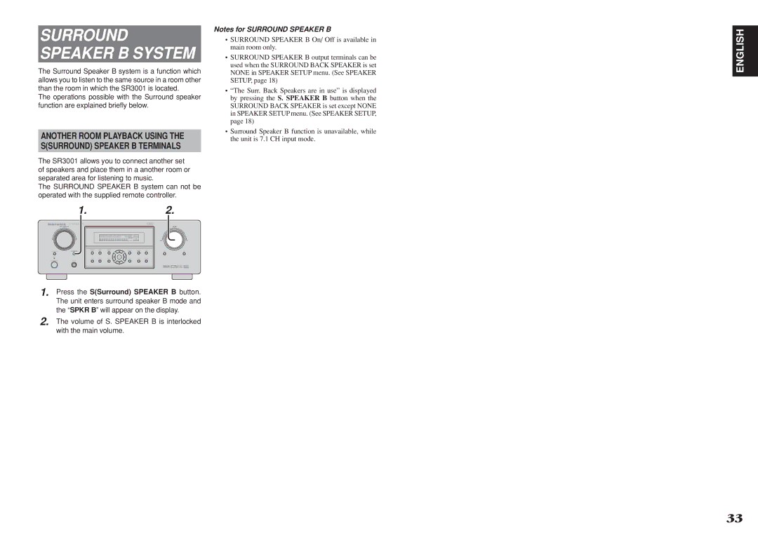 Marantz R3001 manual Surround Speaker B System, Another Room Playback Using Ssurround Speaker B Terminals 