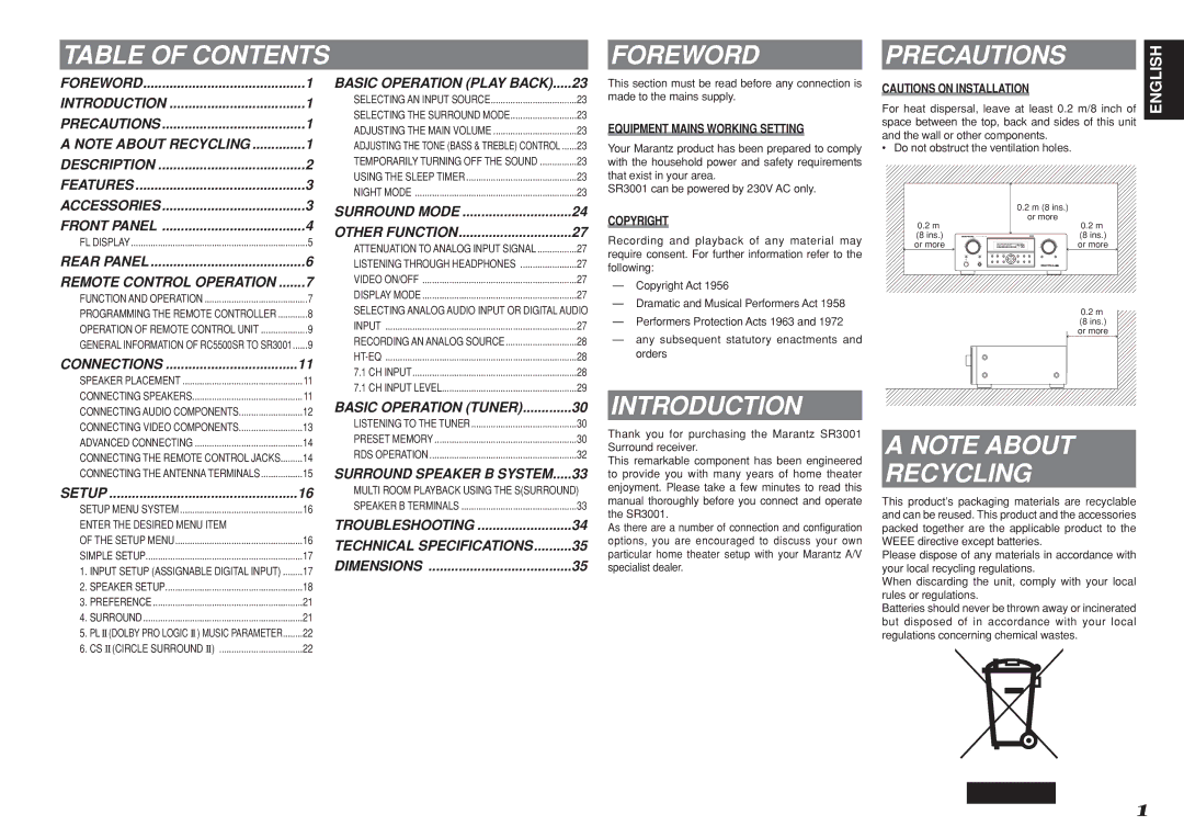 Marantz R3001 manual Table of Contents Foreword, Introduction, Recycling 