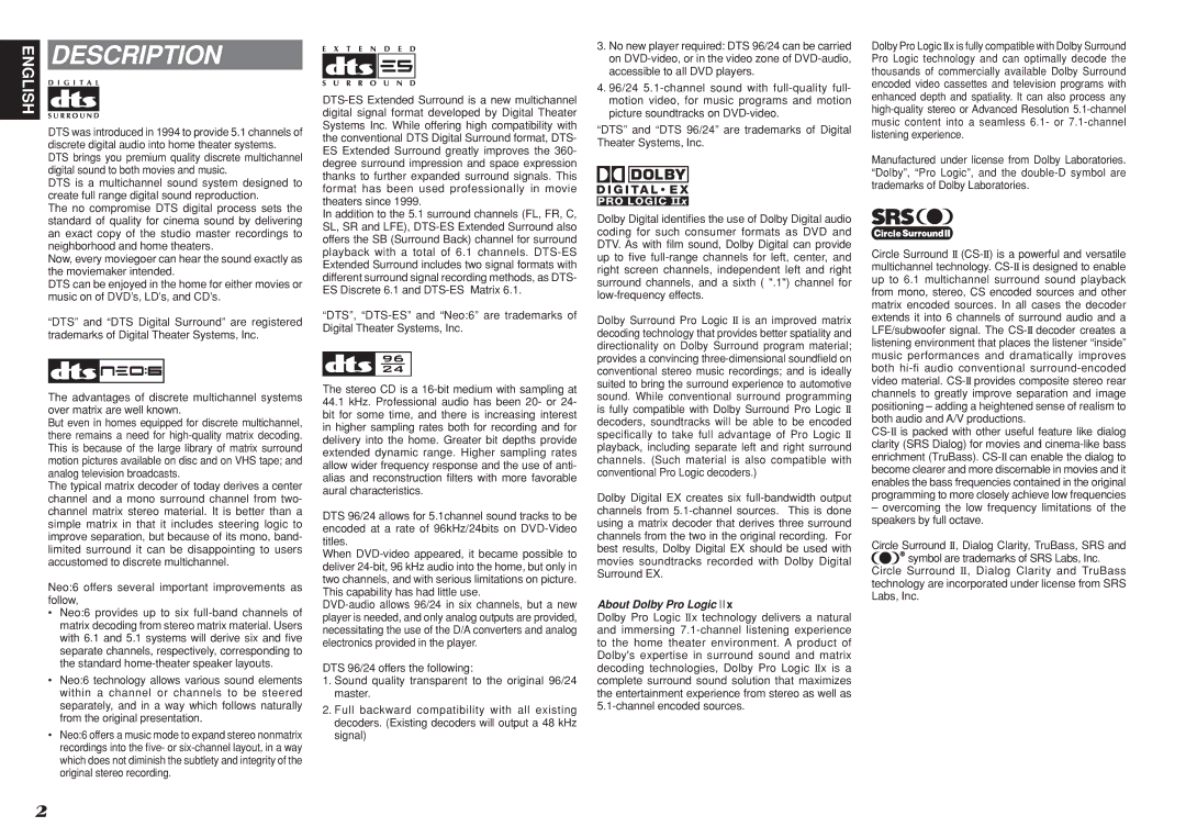 Marantz R3001 manual Description, Neo6 offers several important improvements as follow, About Dolby Pro Logic 