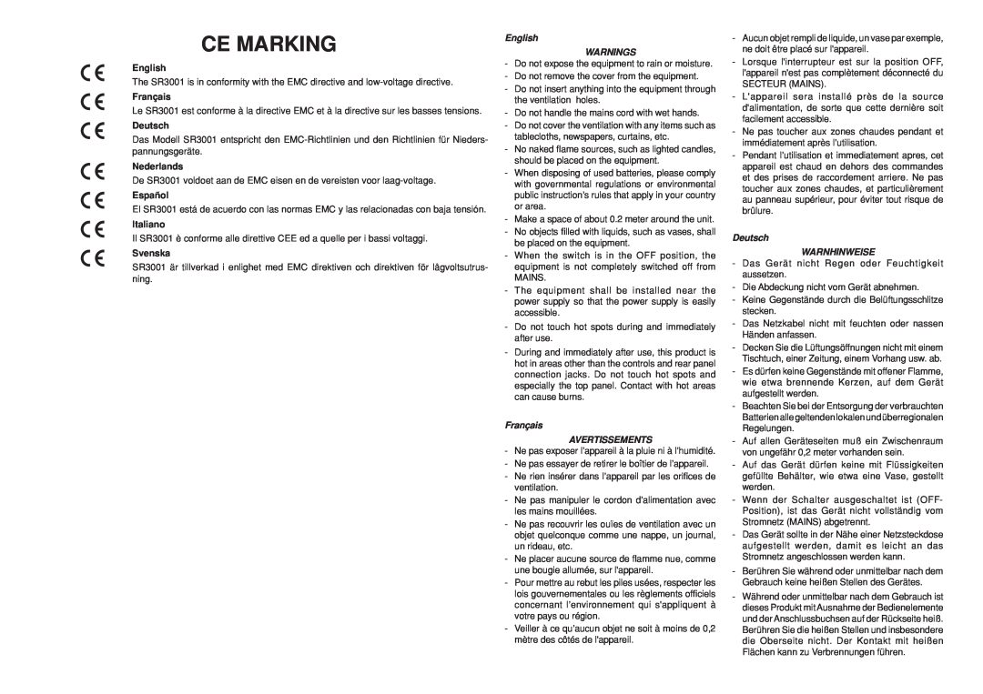 Marantz R3001 manual Ce Marking, Français, Deutsch, Nederlands, Español, Italiano, Svenska, English WARNINGS 
