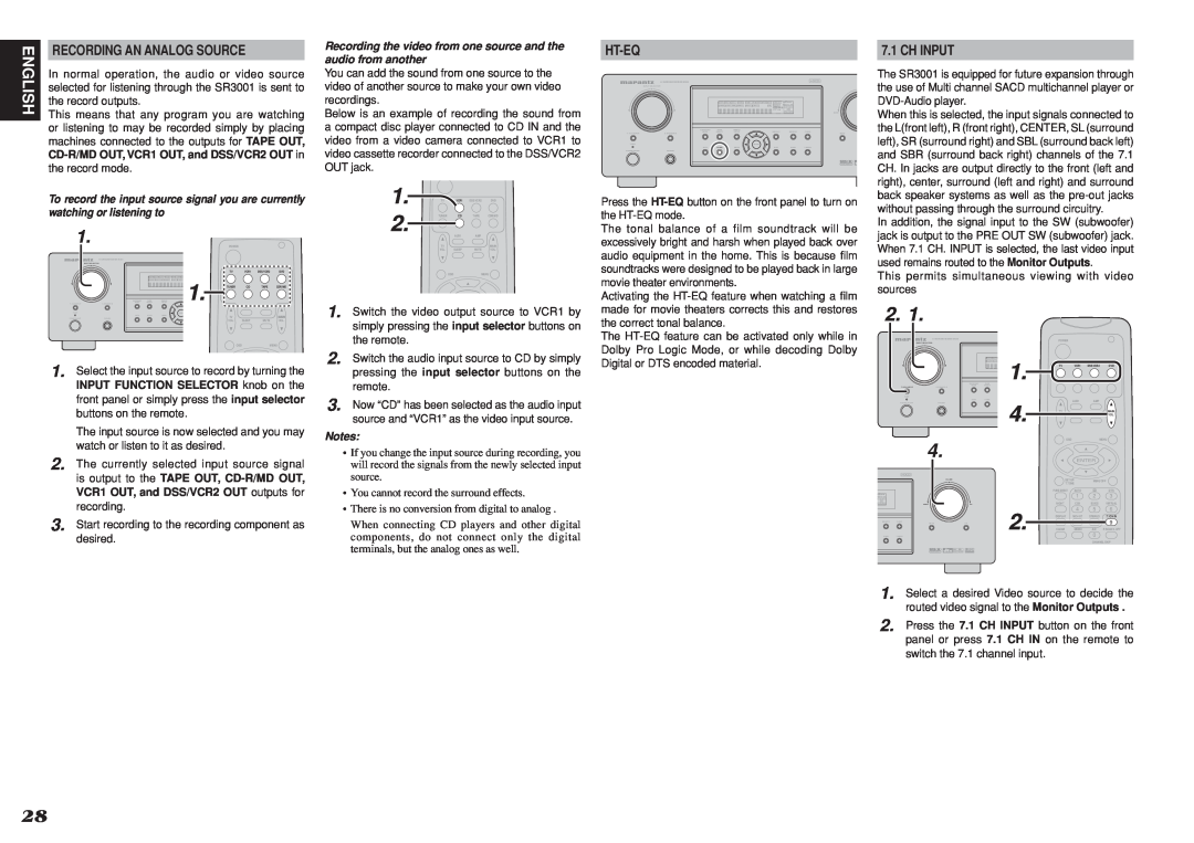 Marantz R3001 manual English, Recording An Analog Source, Ht-Eq, Ch Input, INPUT FUNCTION SELECTOR knob on the 