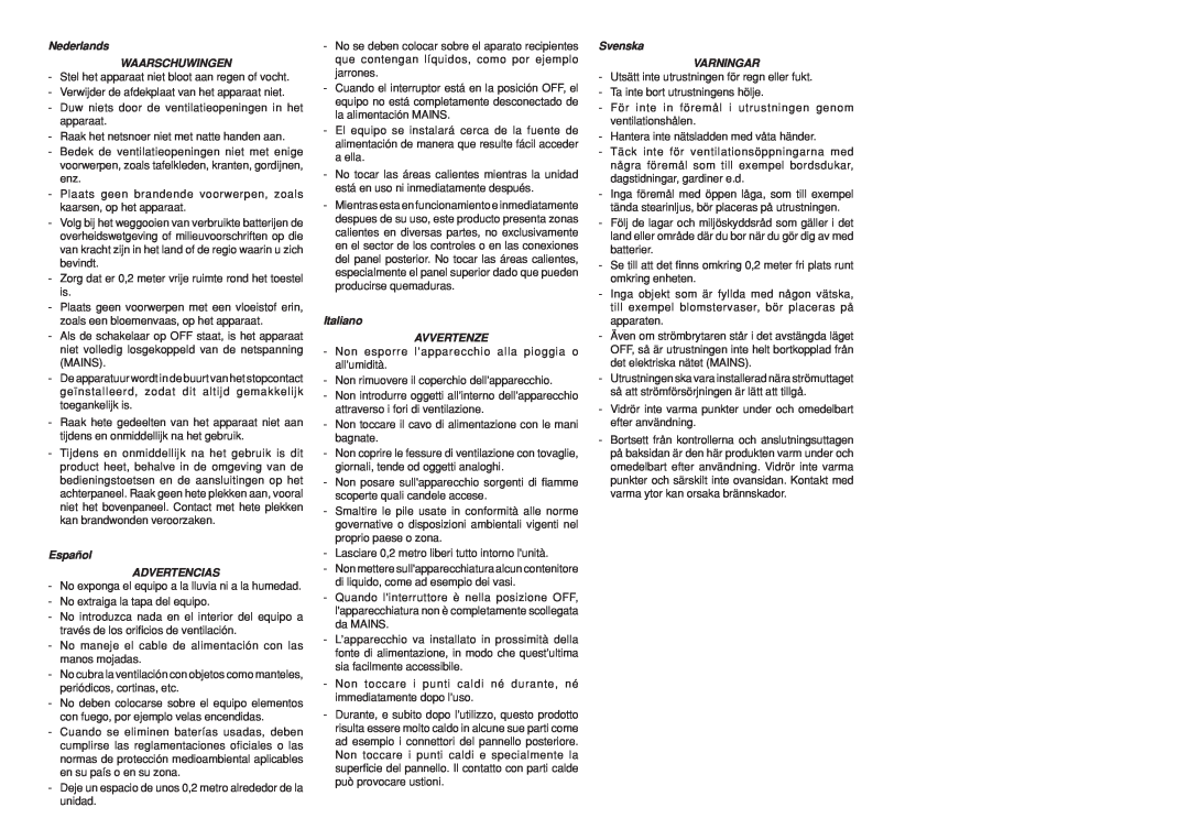 Marantz R3001 manual Nederlands WAARSCHUWINGEN, Español ADVERTENCIAS, Italiano AVVERTENZE, Svenska VARNINGAR 