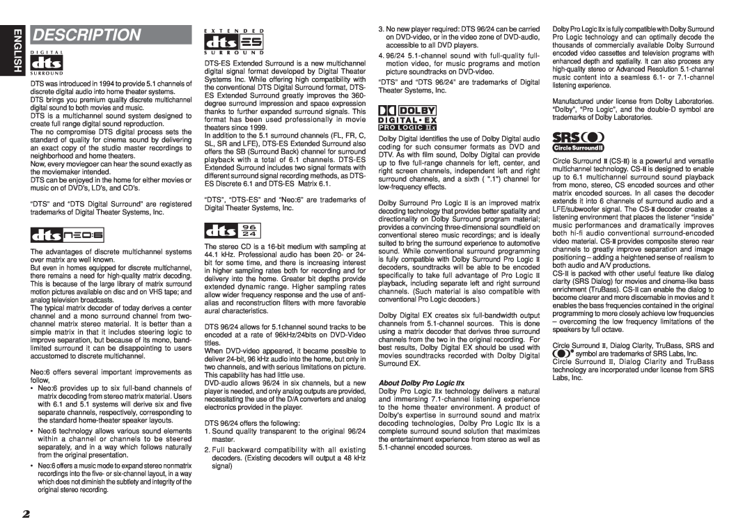 Marantz R3001 manual Description, English, About Dolby Pro Logic 