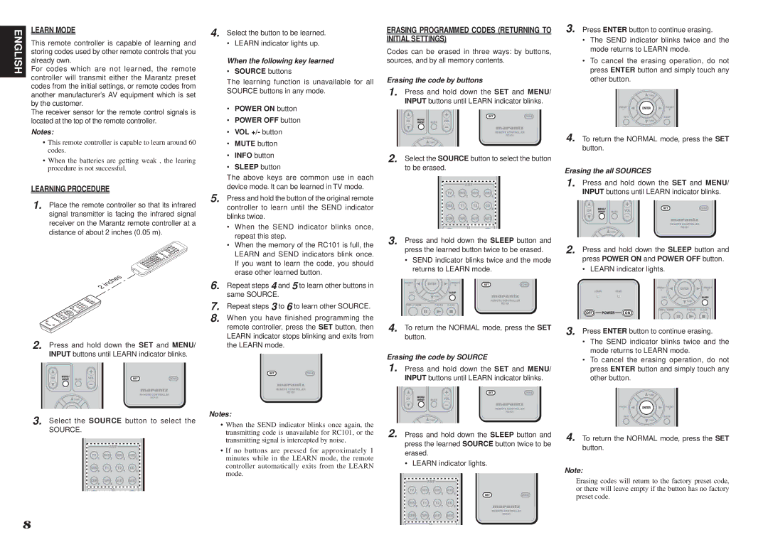 Marantz RC101 manual Learning Procedure, Erasing Programmed Codes Returning to Initial Settings 