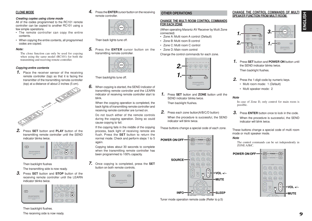 Marantz RC101 Other Operations, Clone Mode, Change the Multi Room Control Commands for Each Zone, Copying entire contents 