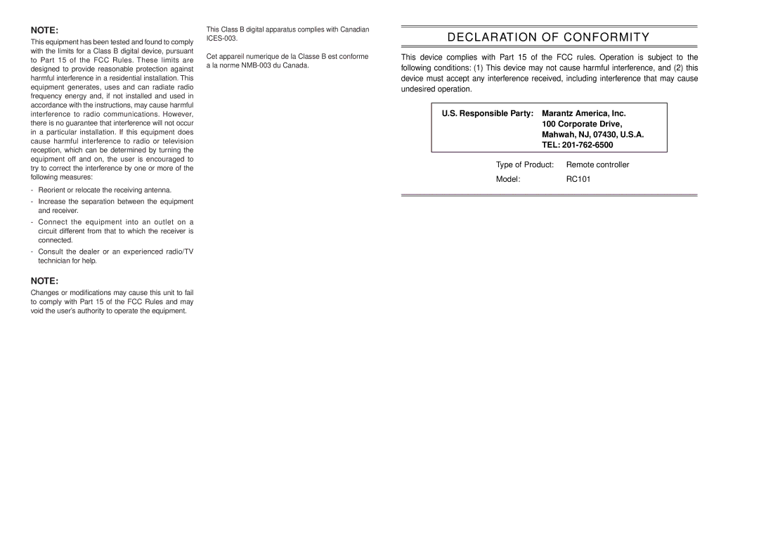 Marantz RC101 manual Declaration of Conformity 