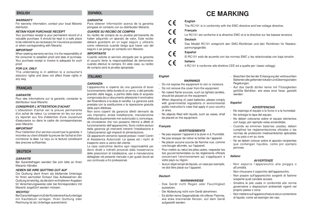 Marantz RC101 manual English, Español, Français, Deutsch, Italiano 