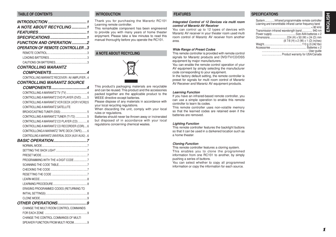 Marantz RC101 manual Introduction, Specifications 