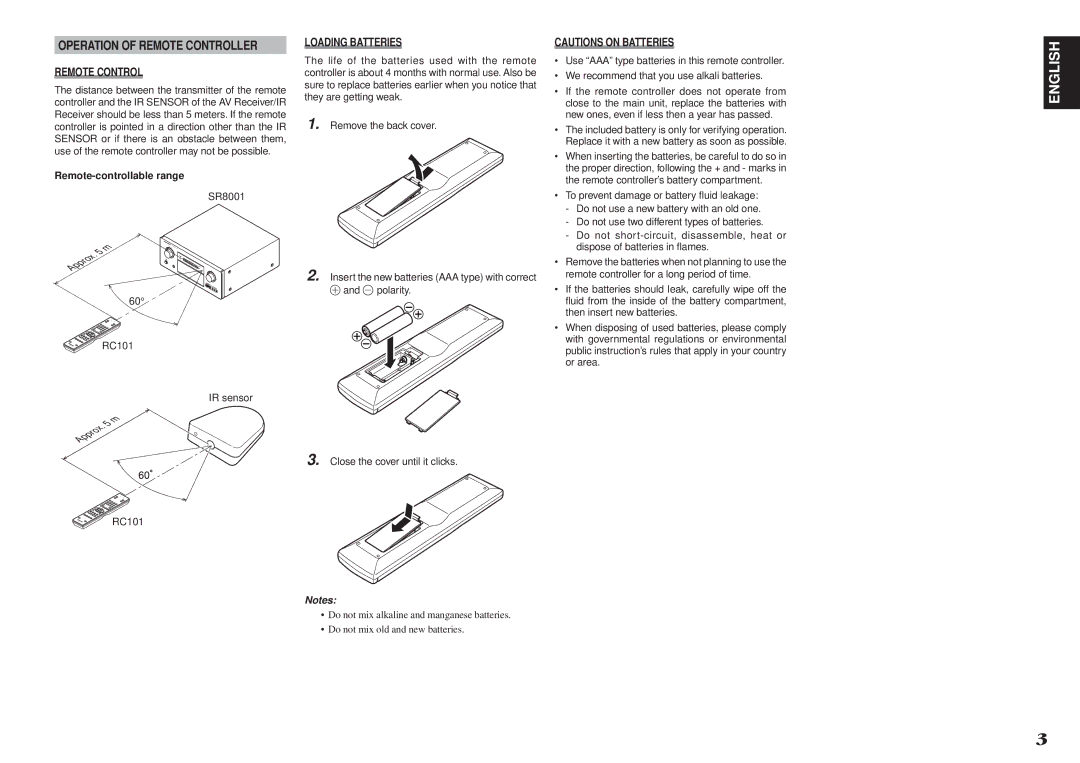 Marantz RC101 manual Operation of Remote Controller, Loading Batteries 