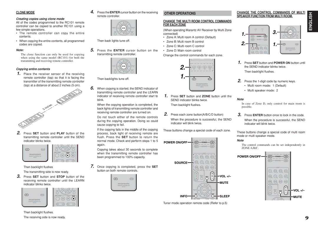 Marantz RC101 manual Other Operations, Clone Mode, For Each Zone, Creating copies using clone mode, Copying entire contents 