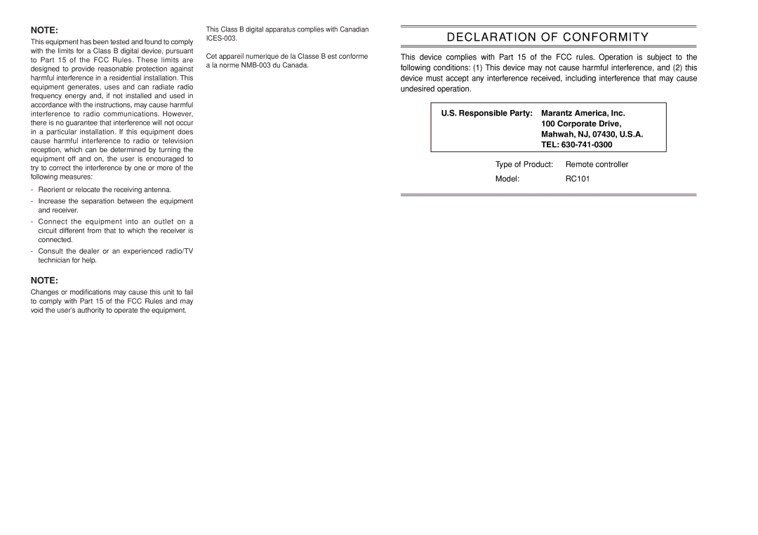 Marantz RC101 manual Declaration of Conformity 