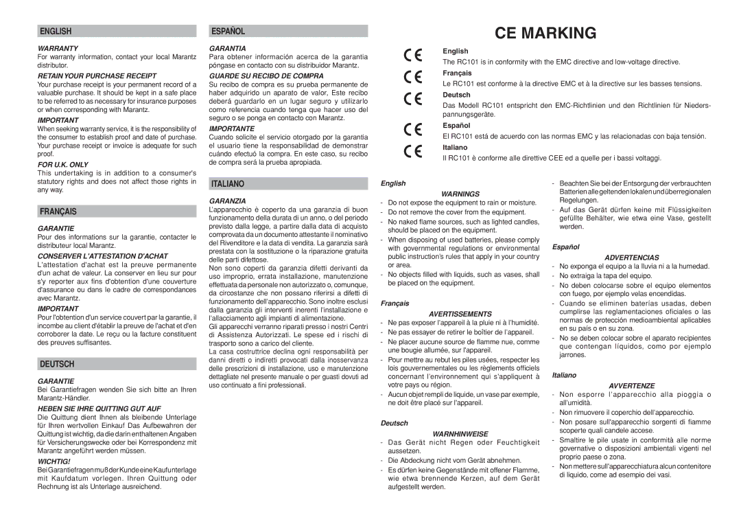 Marantz RC101 manual English, Español, Français, Deutsch, Italiano 