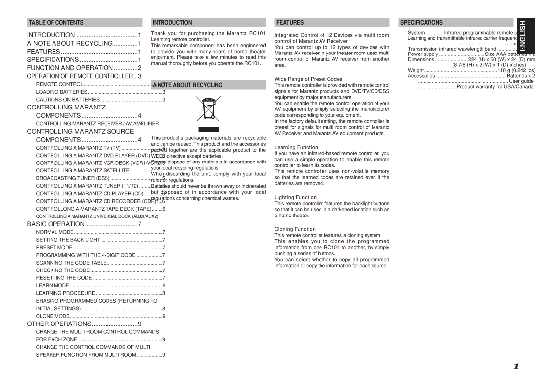 Marantz RC101 manual Introduction, Specifications 