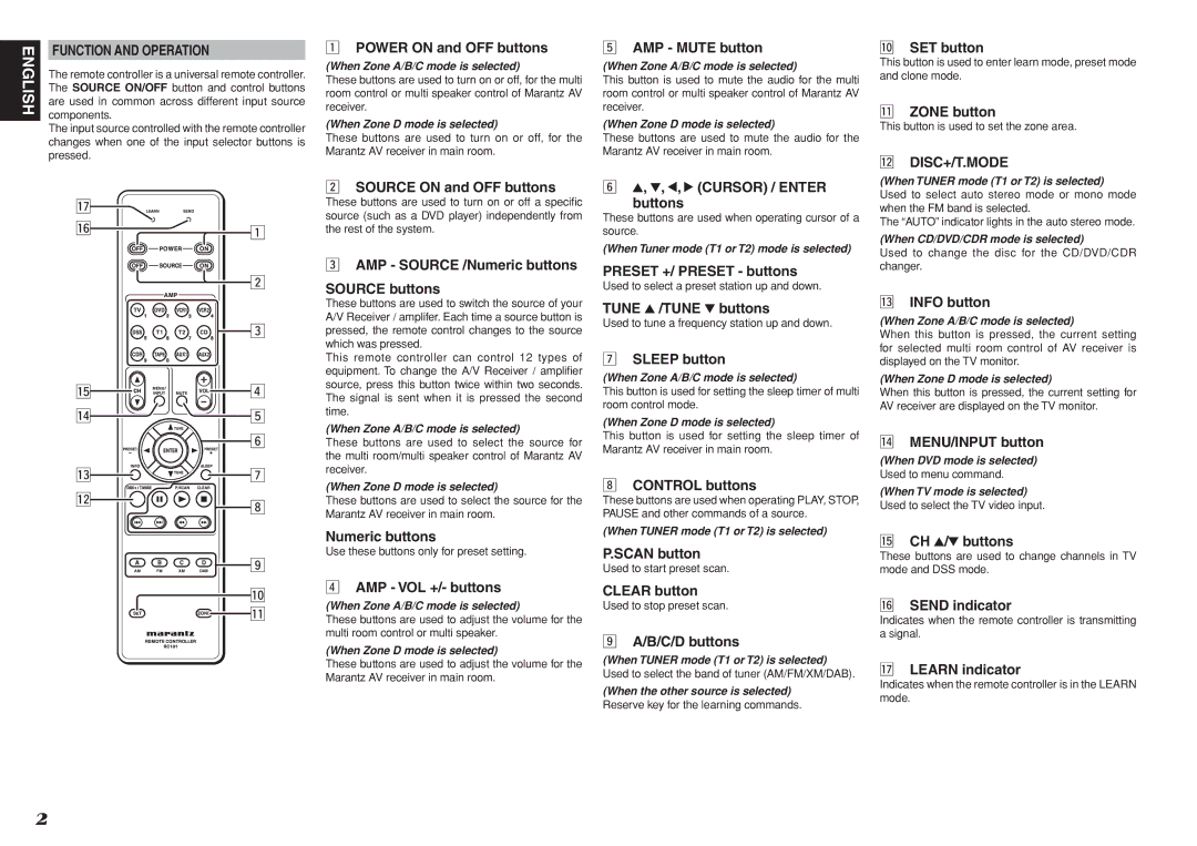 Marantz RC101 manual Function and Operation, ⁄2 DISC+/T.MODE 