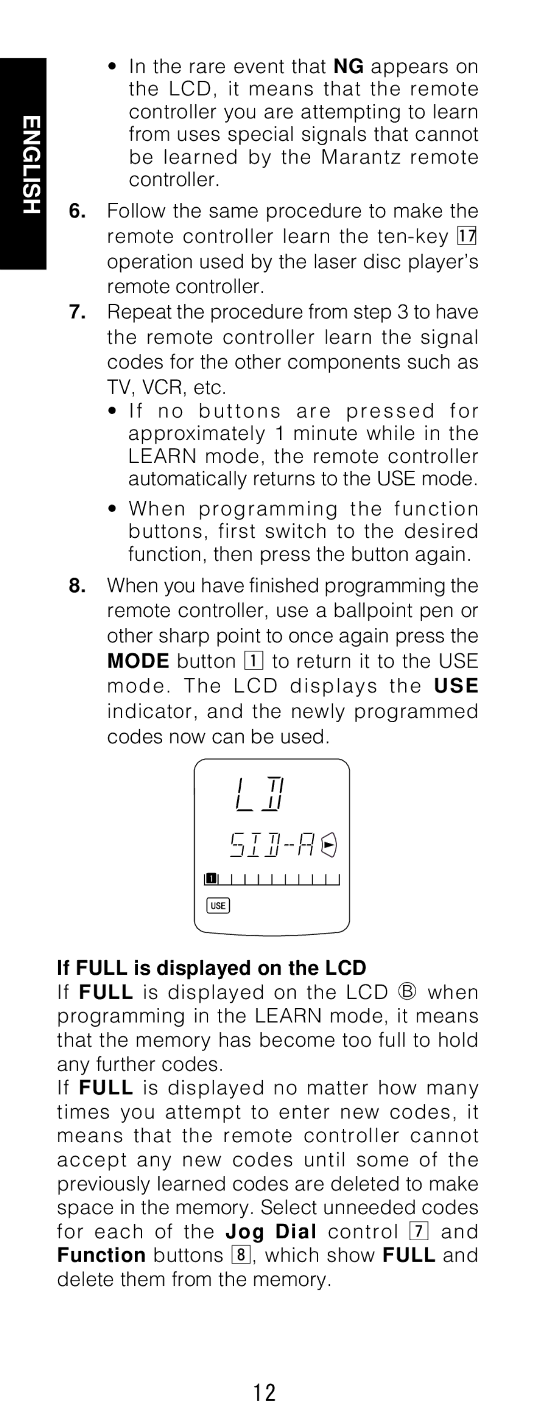 Marantz RC1200 manual If Full is displayed on the LCD 