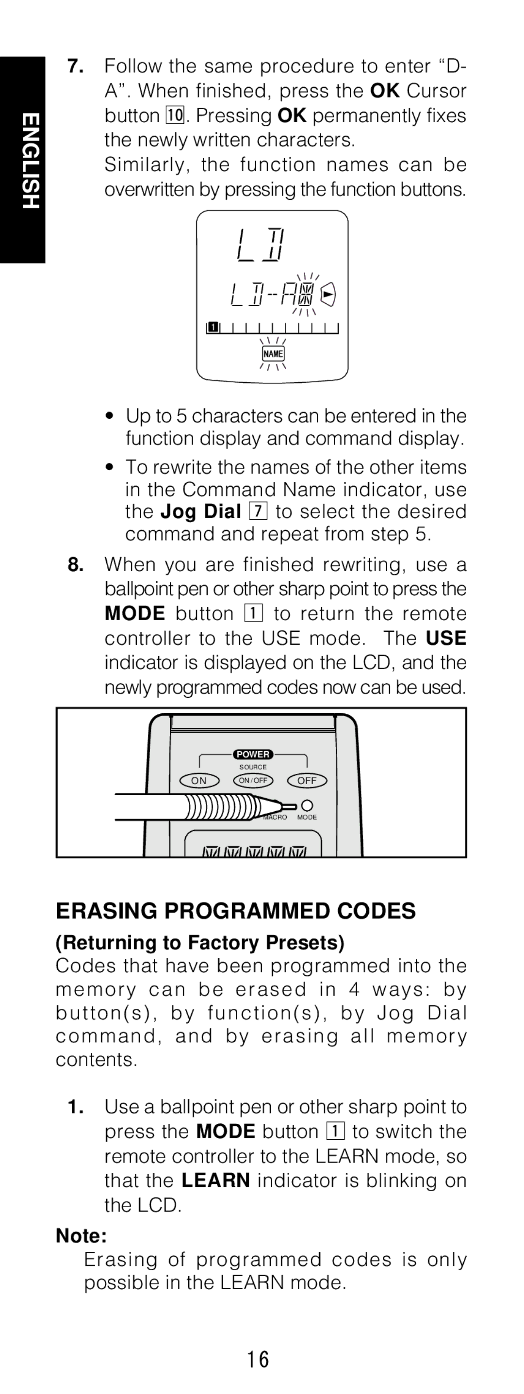 Marantz RC1200 manual Erasing Programmed Codes, Returning to Factory Presets 