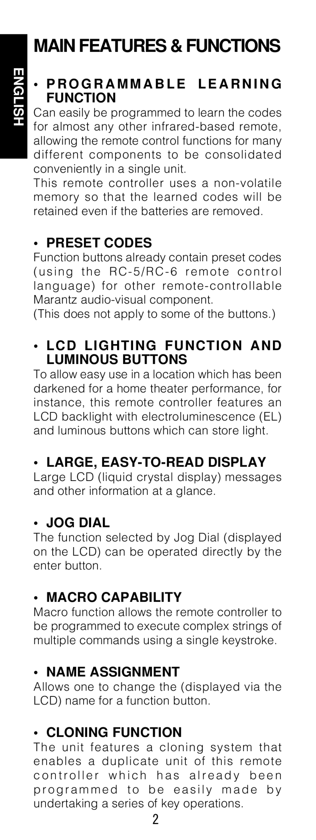 Marantz RC1200 manual Main Features & Functions 